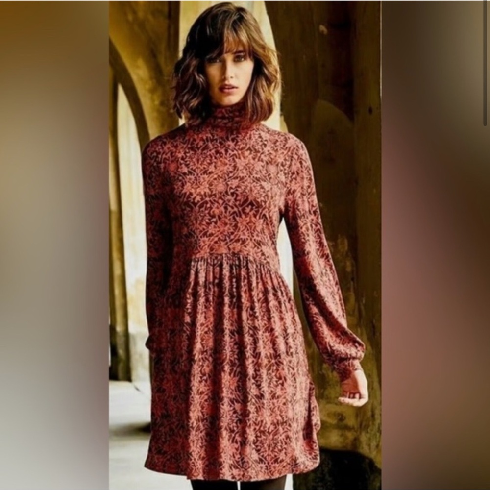 Peruvian Connection Burgundy Floral Long Sleeve Dress Soft Pima Cotton Blend